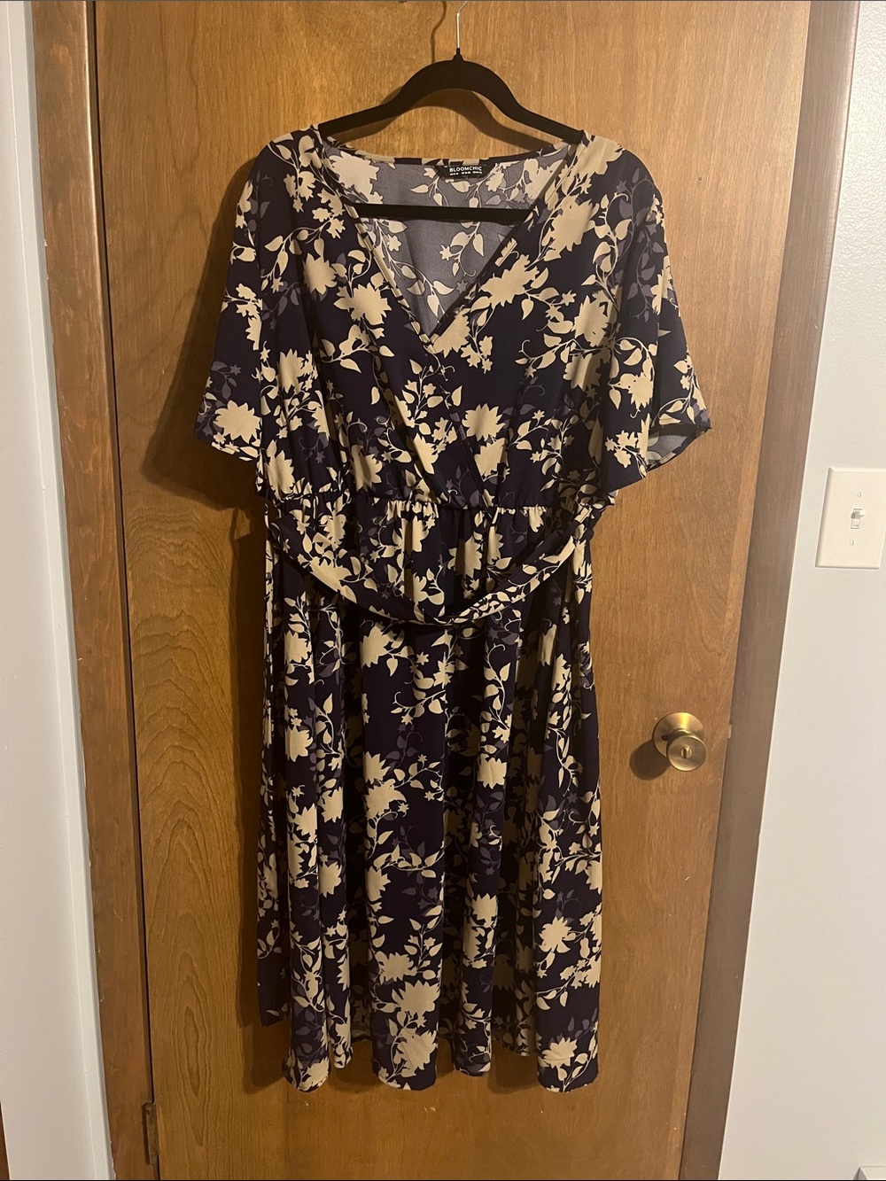 BloomChic Navy and Tan Floral Midi Wrap Dress